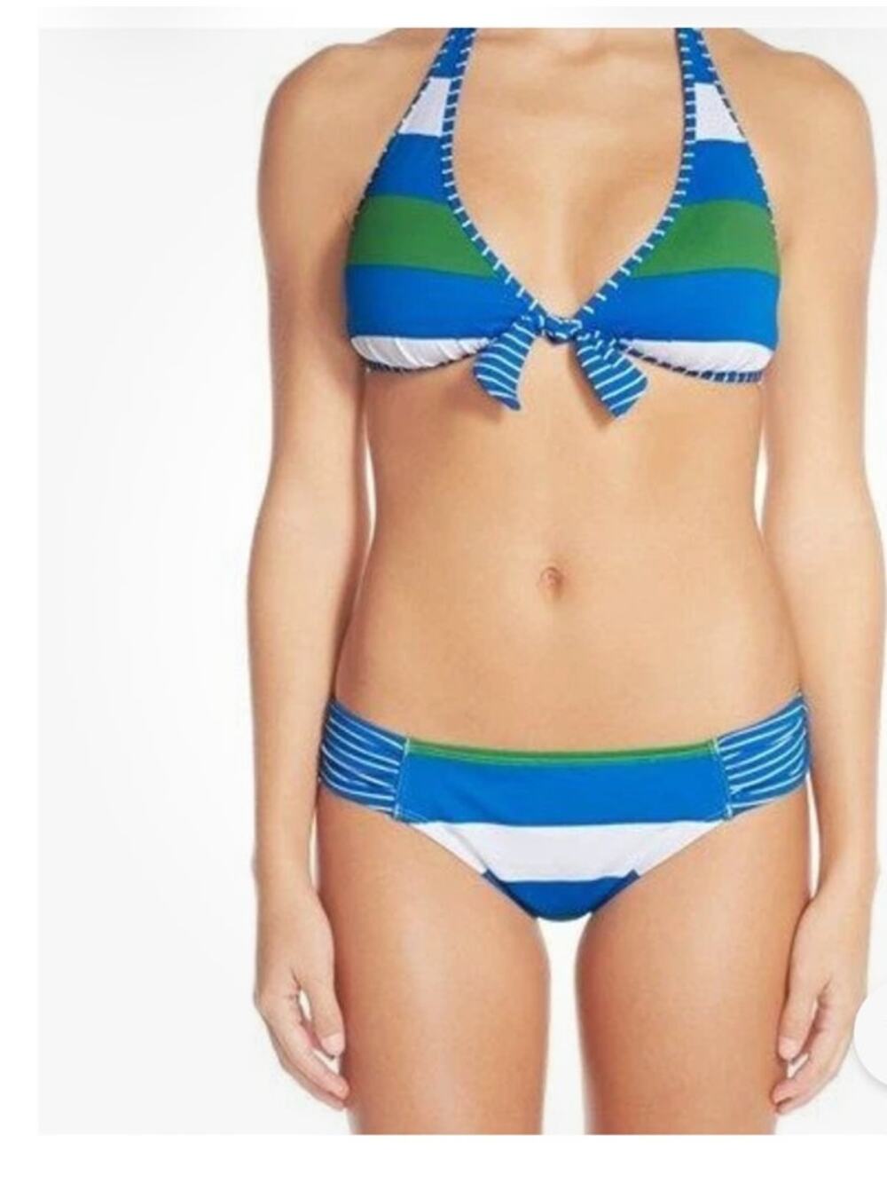 Tommy Bahama Blue White Green Stripe String Bikini Top Bottom Reversible Sz S